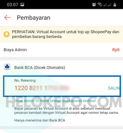 No Virtual Account ShopeePay BCA