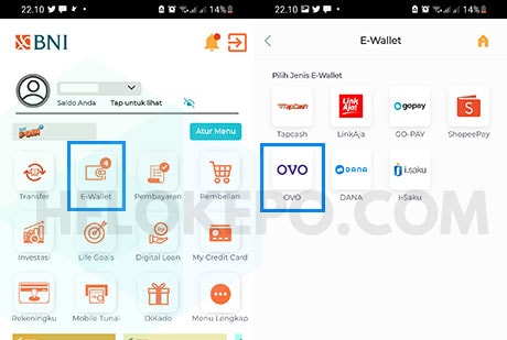 Menu E-wallet BNI Mobile Banking Baru