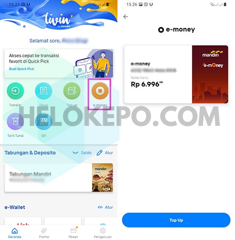 Menu e-money New Livin by Mandiri