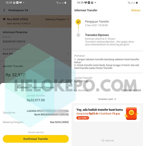 Transfer VA Bank Neo ke Lazada